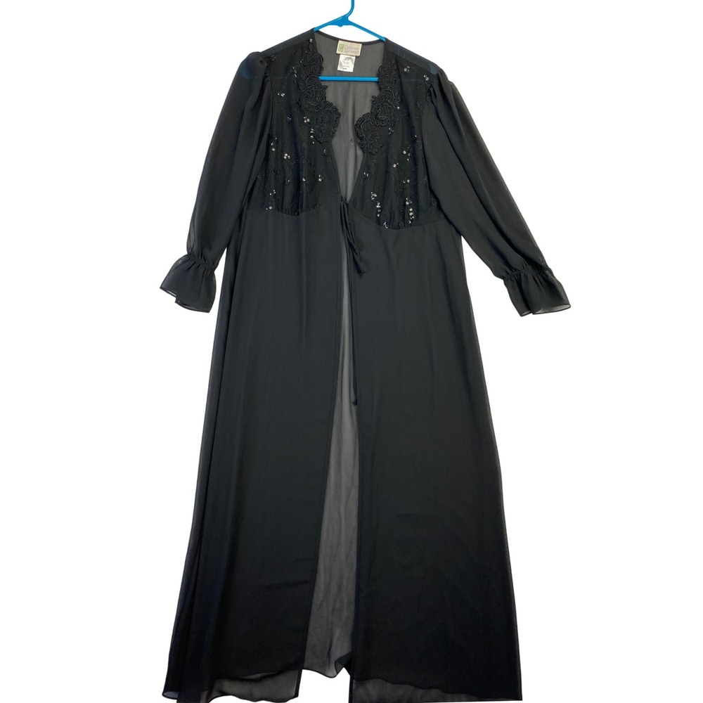 California Dynasty Black Sheer Maxi Robe Womens Sz Large Sequin Long Romantic